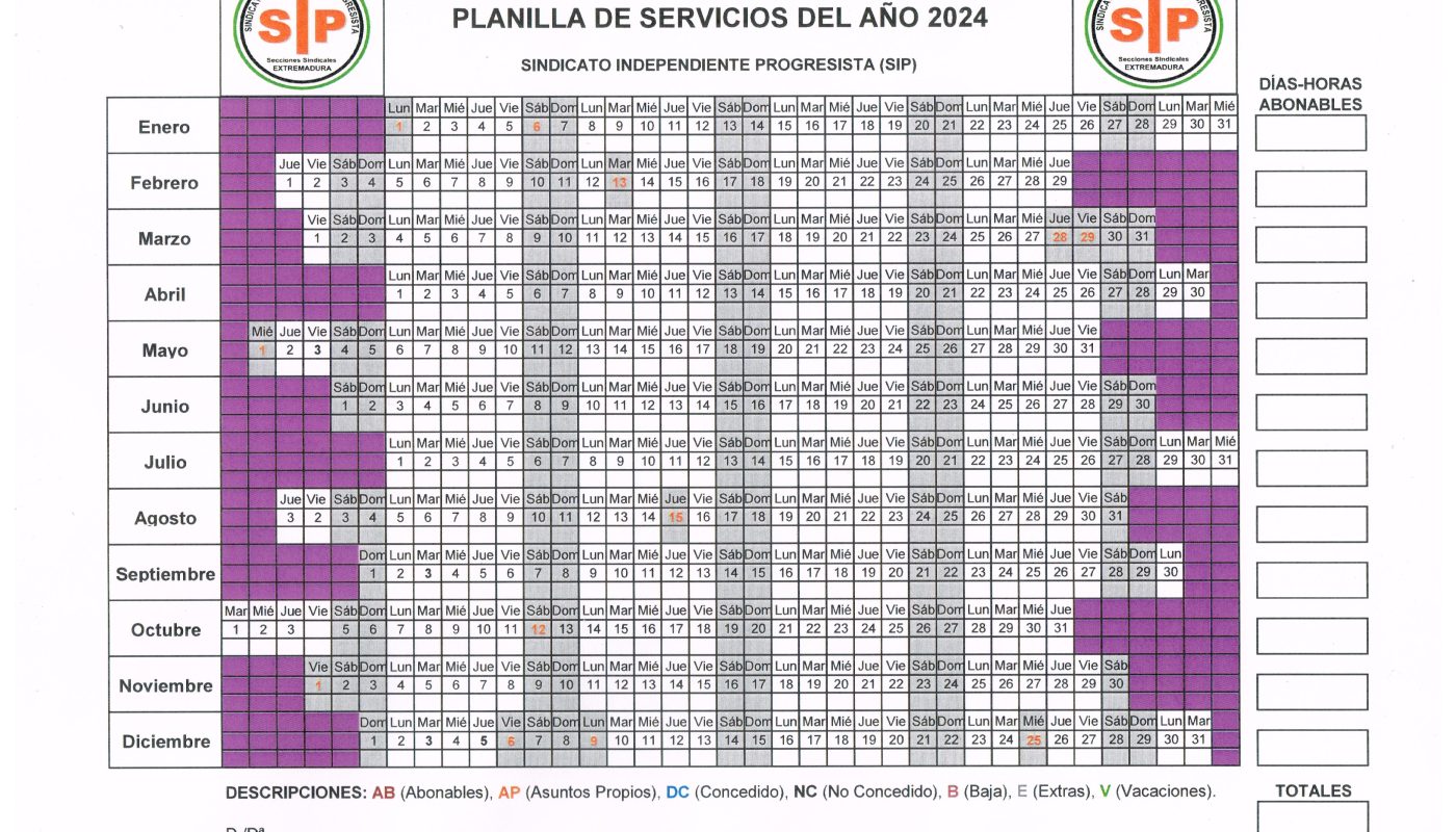 Planilla cuadrante laboral para 2024 Sindicato Independiente Progresista