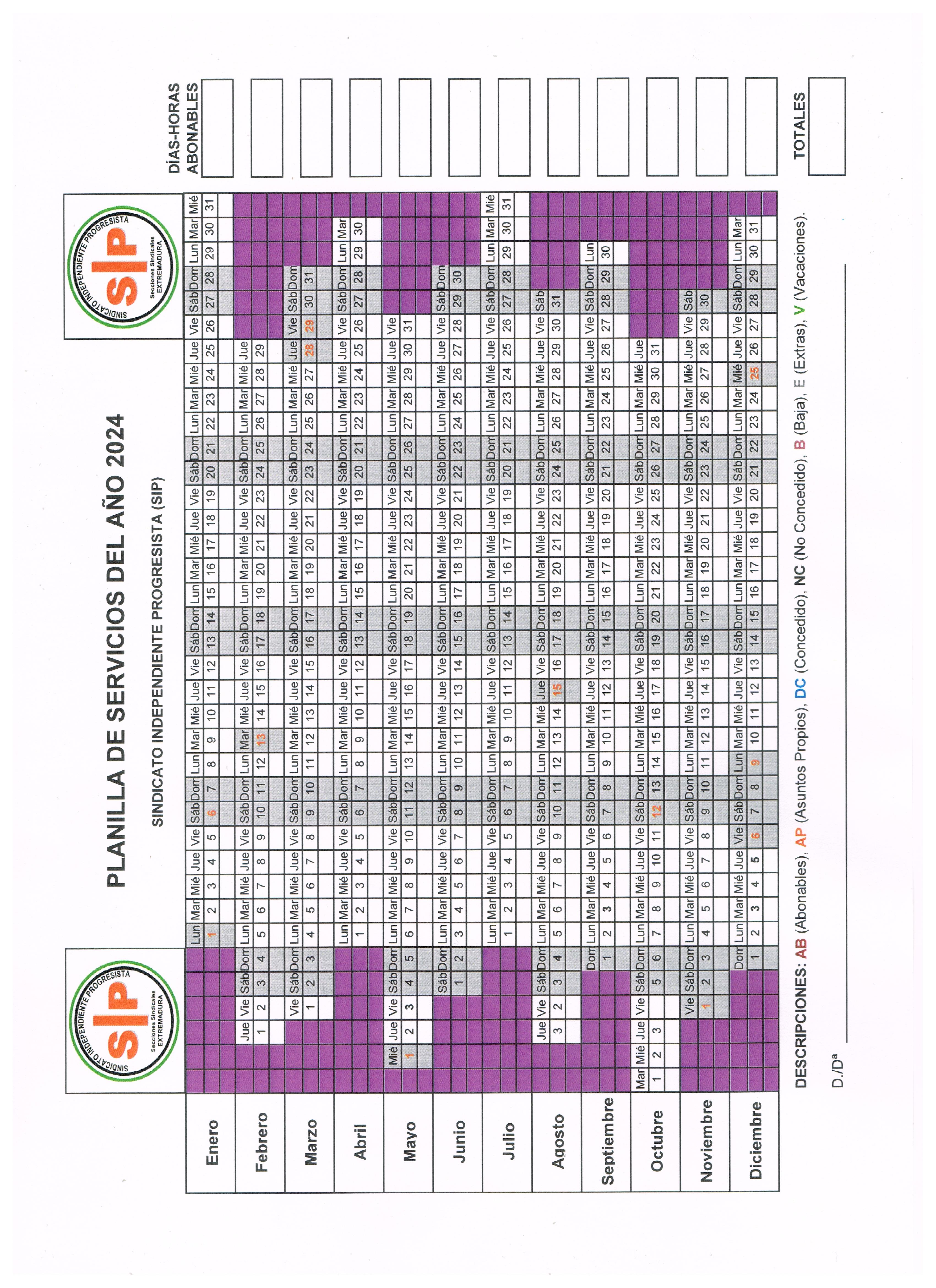 Planilla cuadrante laboral para 2024 Sindicato Independiente Progresista